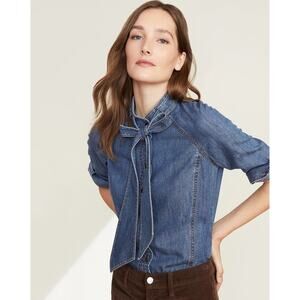 NWT Veronica Beard Jeans Grotto Blue Solid Denim Blouse with Neck Tie Womens 8
